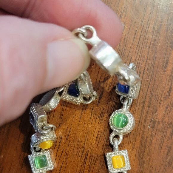Retro Boho Multicolor Cats Eye Gemstone Bracelet w Silver Setting - Picture 7 of 8